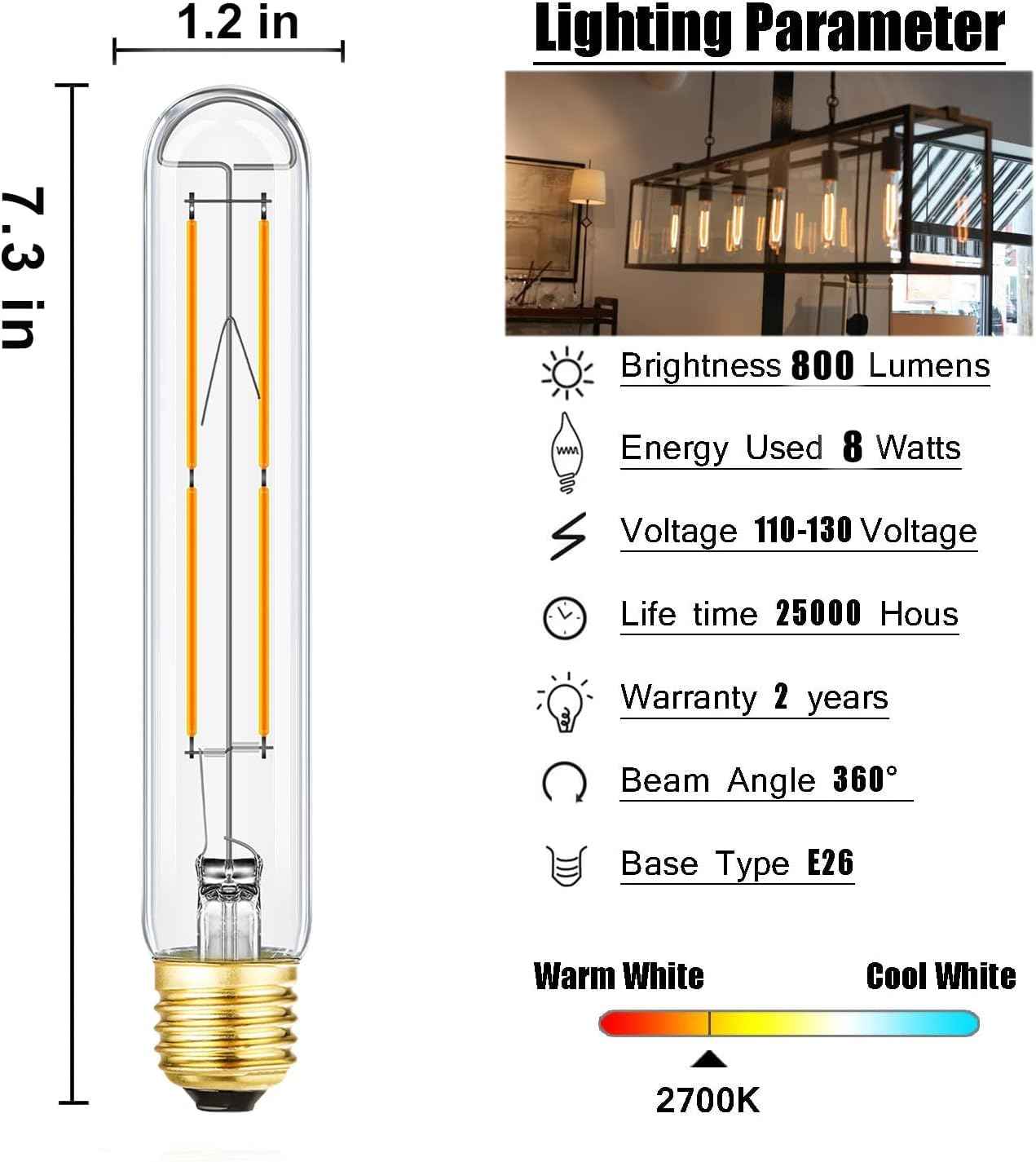 Leools Dimmable E26 Light Bulb 8W Equal 75 watt led Light Bulb Warm White 2700K AC120V Edison Light Bulbs 75 Watt 800LM Clear T10 led Bulb for Rustic Pendant,Industrial Pipe,Wall sconces,4Pack
