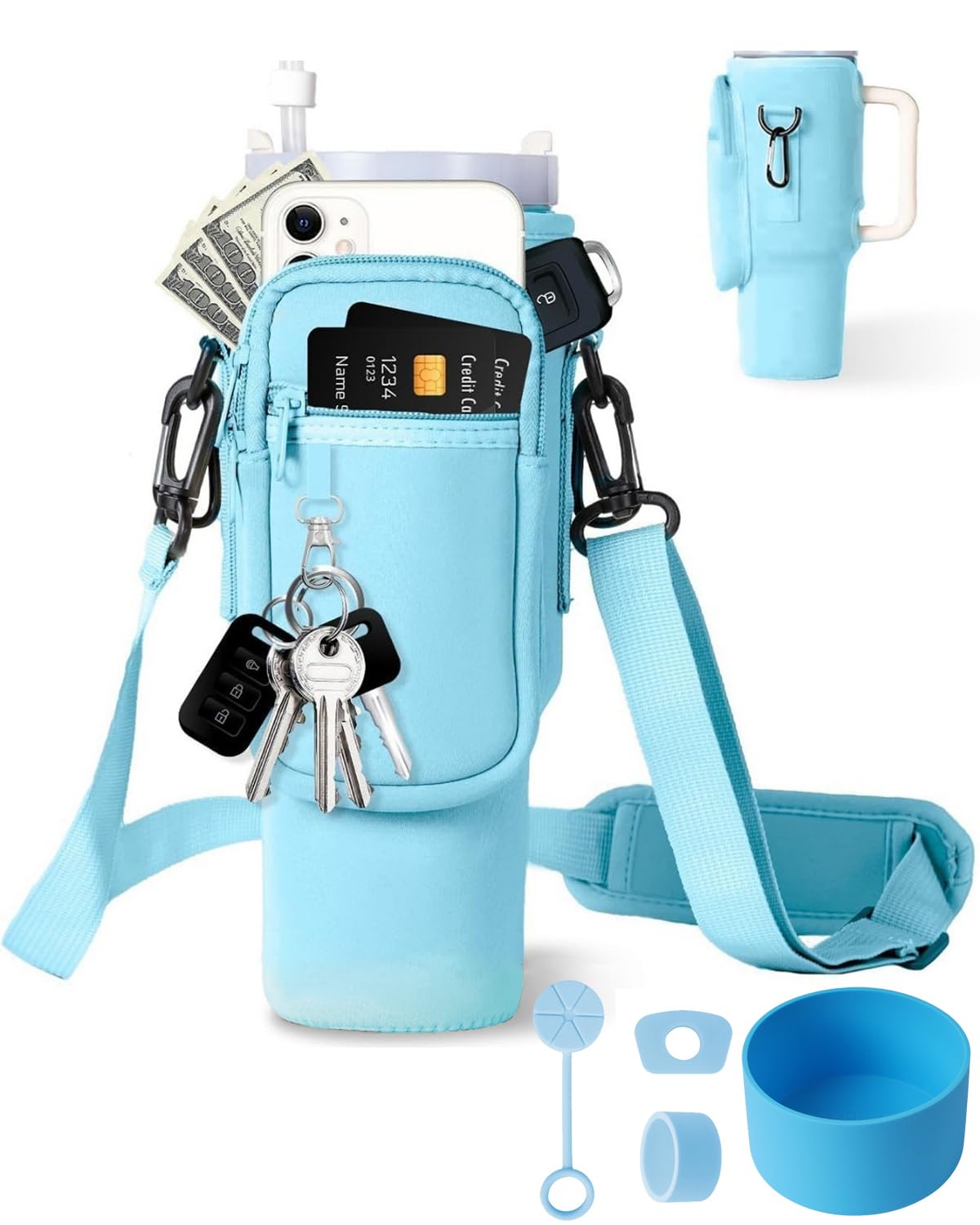 TECFUN CarryNext Water Bottle Carrier Bag with Phone Pocket for Stanley 40oz, Insulated Neoprene Water Bottle Holder Pouch with Adjustable Strap Bollus with Straw Cover & Carabiner Accessories-Azure