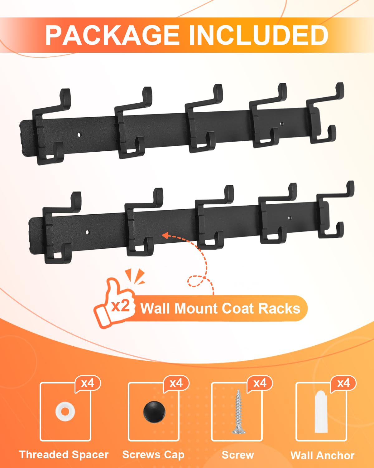 DECLUTTR 2 Pack Coat Rack Wall Mount, 5 Heavy Duty Hooks for Hanging Entryway, Metal Hat Rack, Towel Hanger, Black