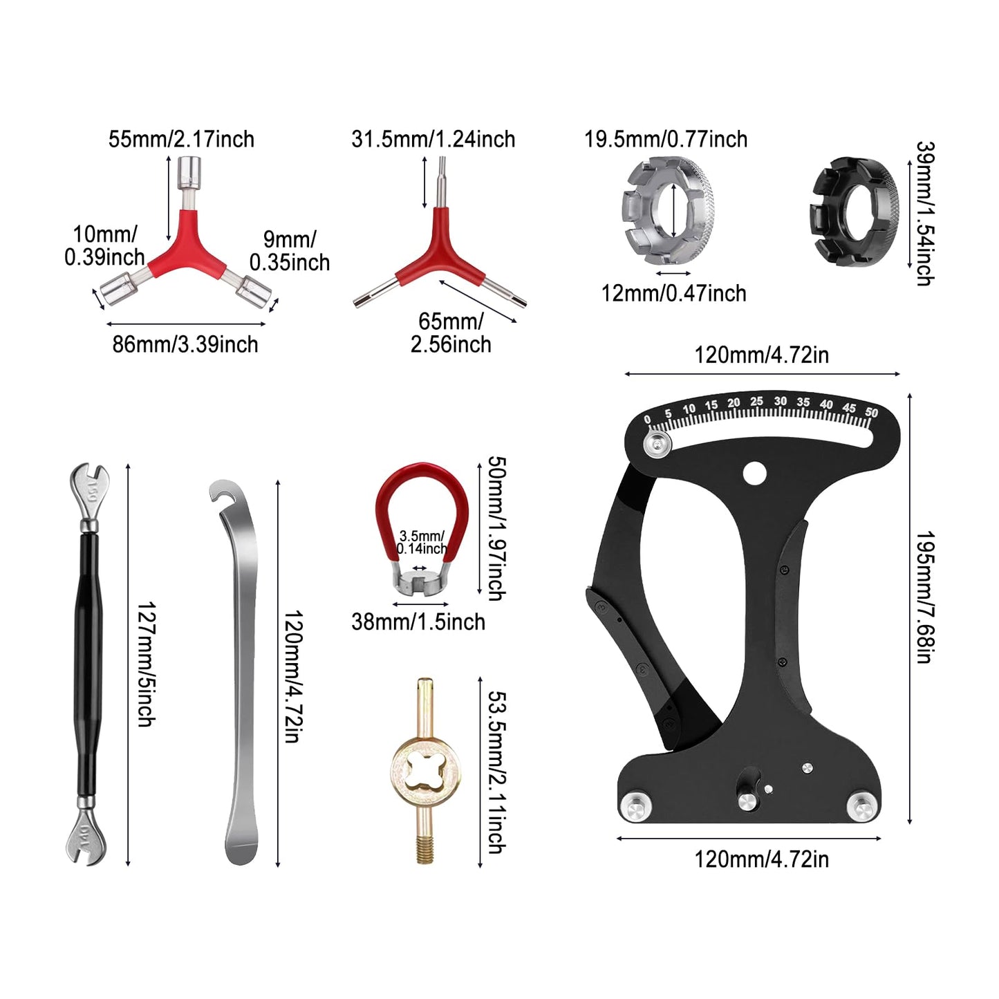 SWTHM 12Pcs/pk Bicycle Spoke Tension Meter Wrench Repair Tool Set, Bike Spoke Adjustment Bicycle Wrench Aluminium Alloy Wheel Repair Tool with Valve Wrench/Tire Lever/Hex/Socket Wrench/Spoke Wrench