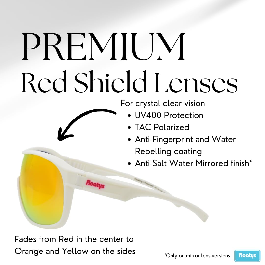 Floatys Floating Sunglasses Rubberized Rapids | Polarized Water Repelling Lenses | Sport shield wrap around | Men and Women (White Frame/Red Mirror Lens)