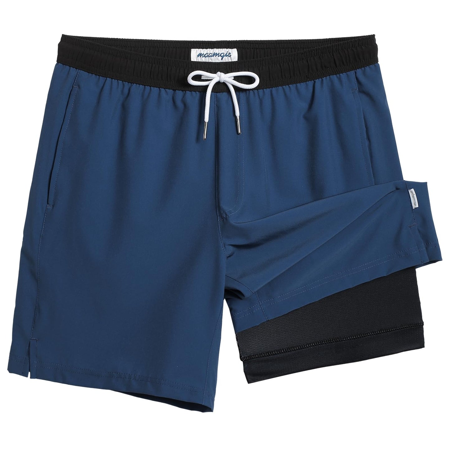 maamgic Mens Swim Trunks with Compression Liner 7 Inch Inseam Mens Bathing Suit Quick Dry Swimming Trunks Swimsuit Blue Grey and Black Small