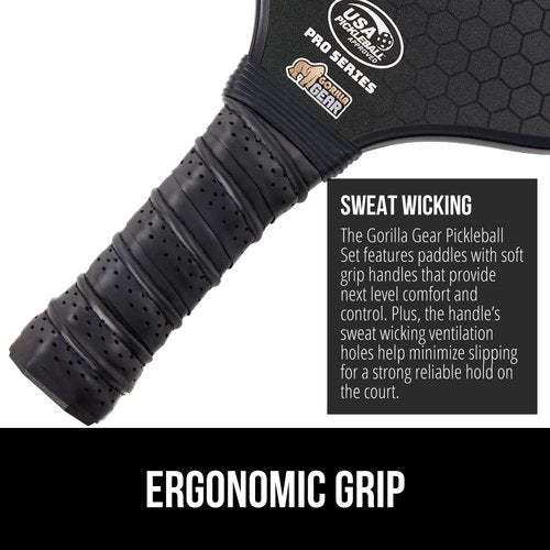 Gorilla Gear USAPA Approved Pickleball Paddles Set of 2, Indoor Fiberglass Shock Absorbent Racket with Comfortable Grip, Outdoor Pickle Ball Court Equipment, Sports Accessories Includes Bag, Black
