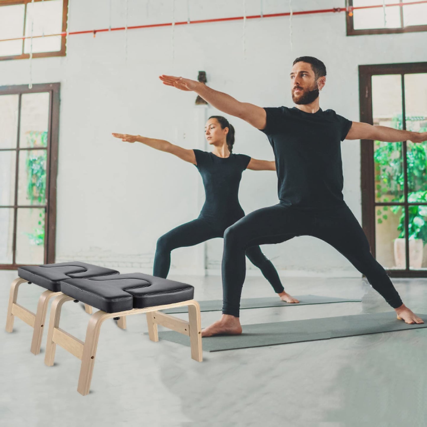 C-CHAIN Balanced Yoga Headstand Bench - Ideal for Workout, Fitness and Gym, for Both Beginner and Experience Yogis - Wood and PU Pads - Relieve Fatigue and Build Up Body (Black)