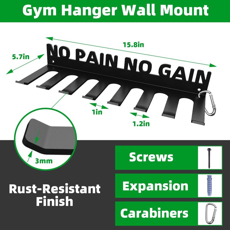 Home Gym Accessories Organization Storage Rack Equipment For Home 8 Hook Wall Hanger Display Gear Barbells Resistance Bands Jump Ropes Lifting Belt Hanger Accessories Hardware Included NO PAIN NO GAIN