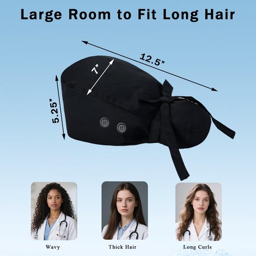 Hapforever 1PC Satin Lined Scrub Cap for Women, Surgical Nurse Caps with 4 Buttons Cotton Working Hat Sweatband Ponytail Scrub Caps for Long Hair Women with 2 Hair Ties (Black)