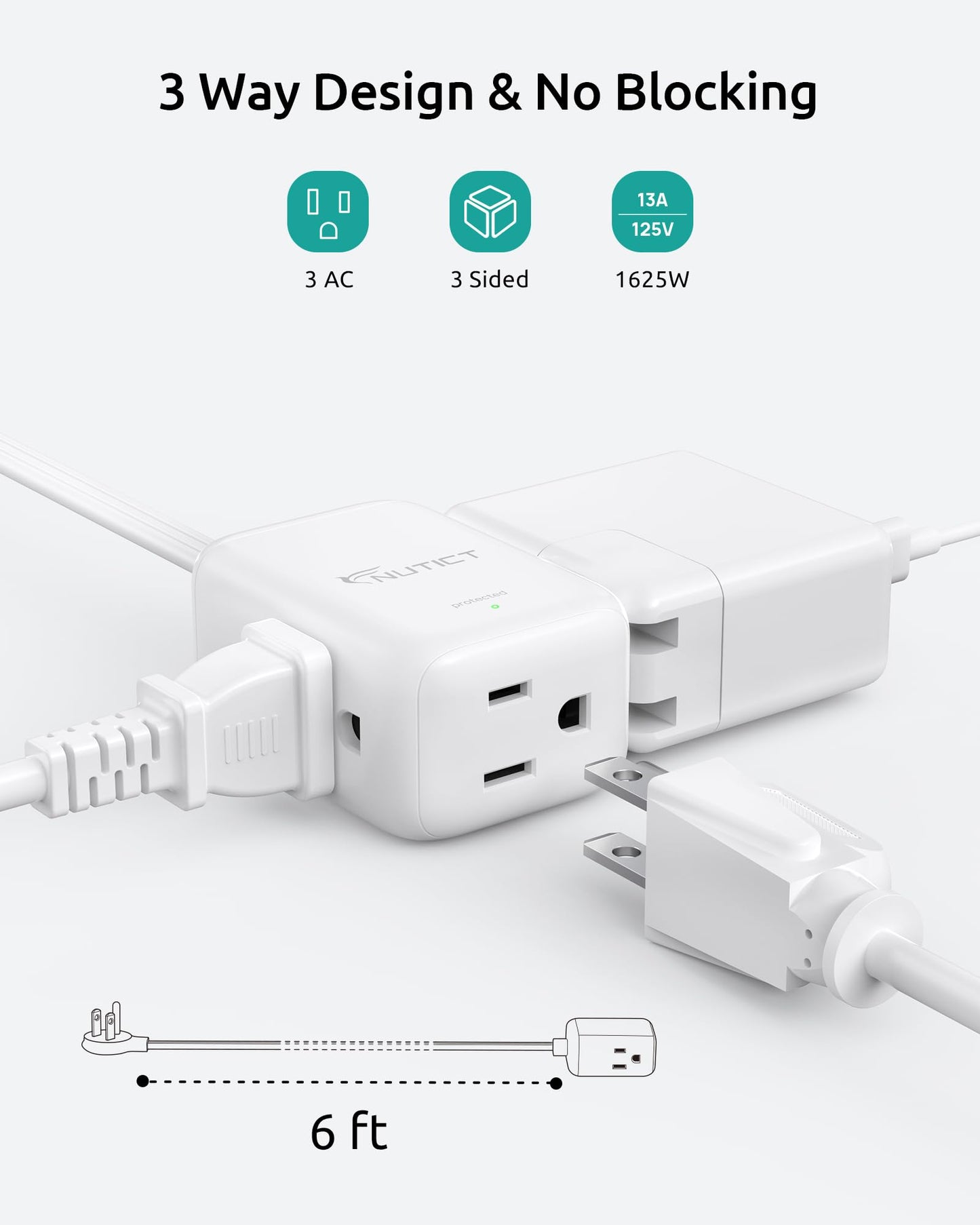 Flat Extension Cord 6ft, NUTICT Indoor 3 Prong Cord Extension with 900J Surge Protector, 13A/1625W, Low Profile Right Angle Flat Wall Plug, 3 Way Small Outlet Extender for Kitchen Home Office, White