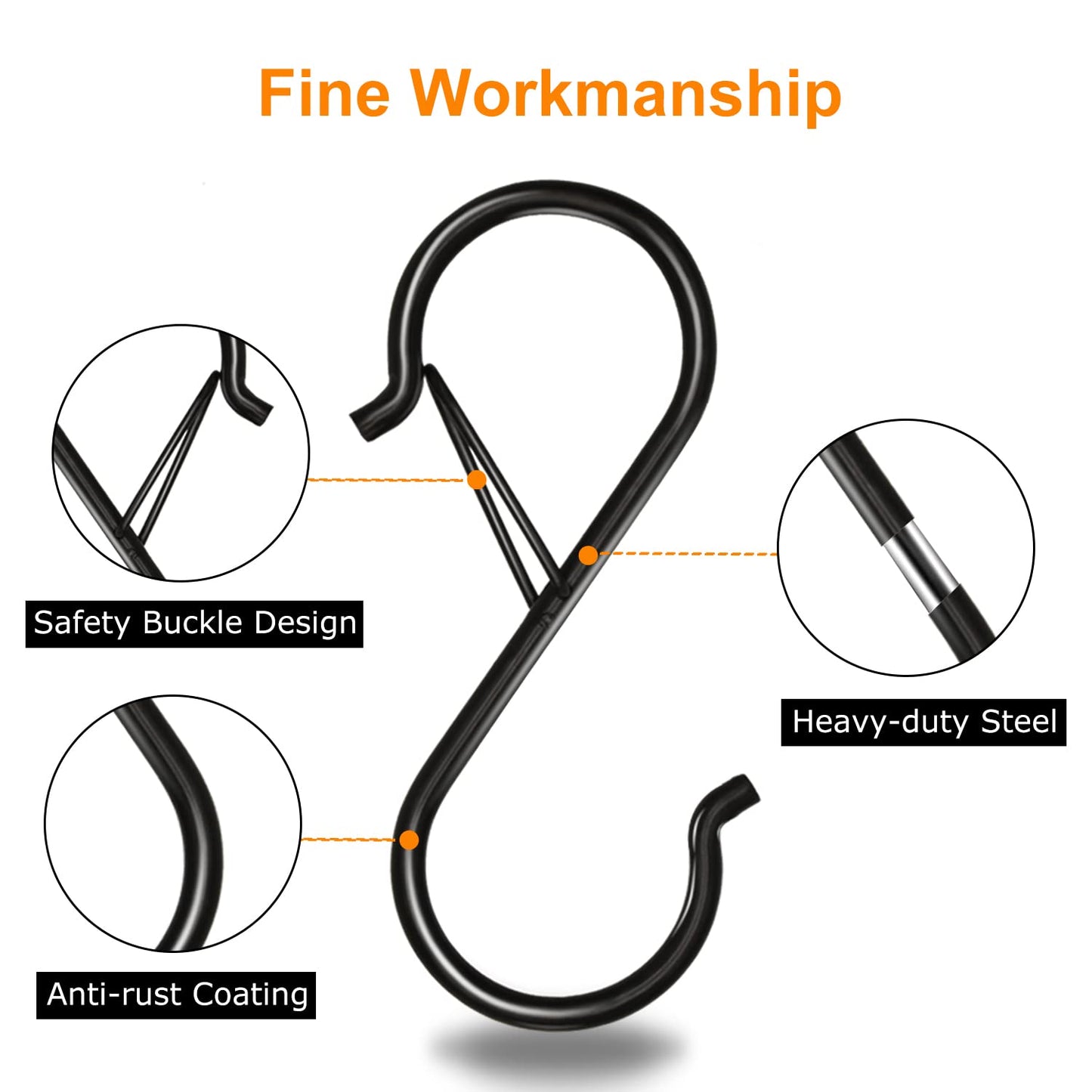 Waitkey 32 Pack S Hooks for Hanging, 3.5 inch Heavy Duty Metal S Hooks with Safety Buckle S Shaped Hooks Pot Rack Closet Hooks for Hanging Plants, Clothes, Kitchen Utensil, Pots, Pans, Bags (Black)