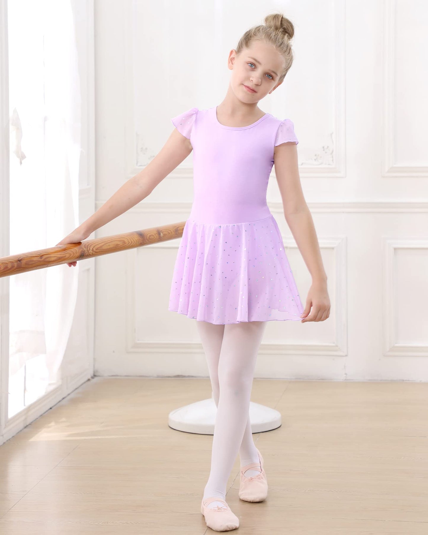 Stelle Ballet Leotards for Girls Dance Leotard with Shiny Skirt Toddler Pink Ballet Outfit Ruffle Sleeve Kids Dance Dress (Lavender,2-3T)