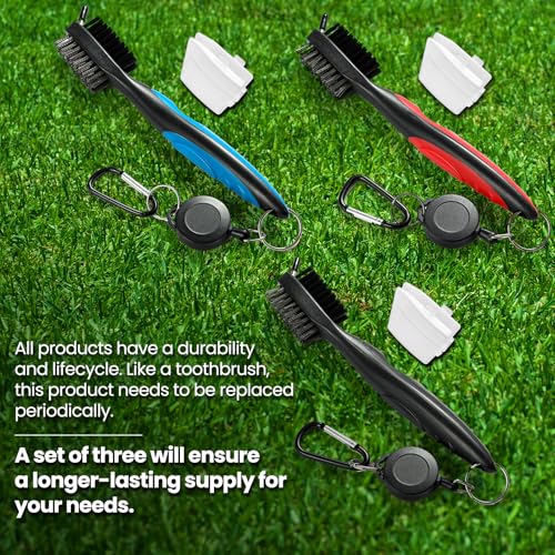 Golf Club Brush Cleaner with Retractable Zip-Line - 3 Pack Black/Red/Blue