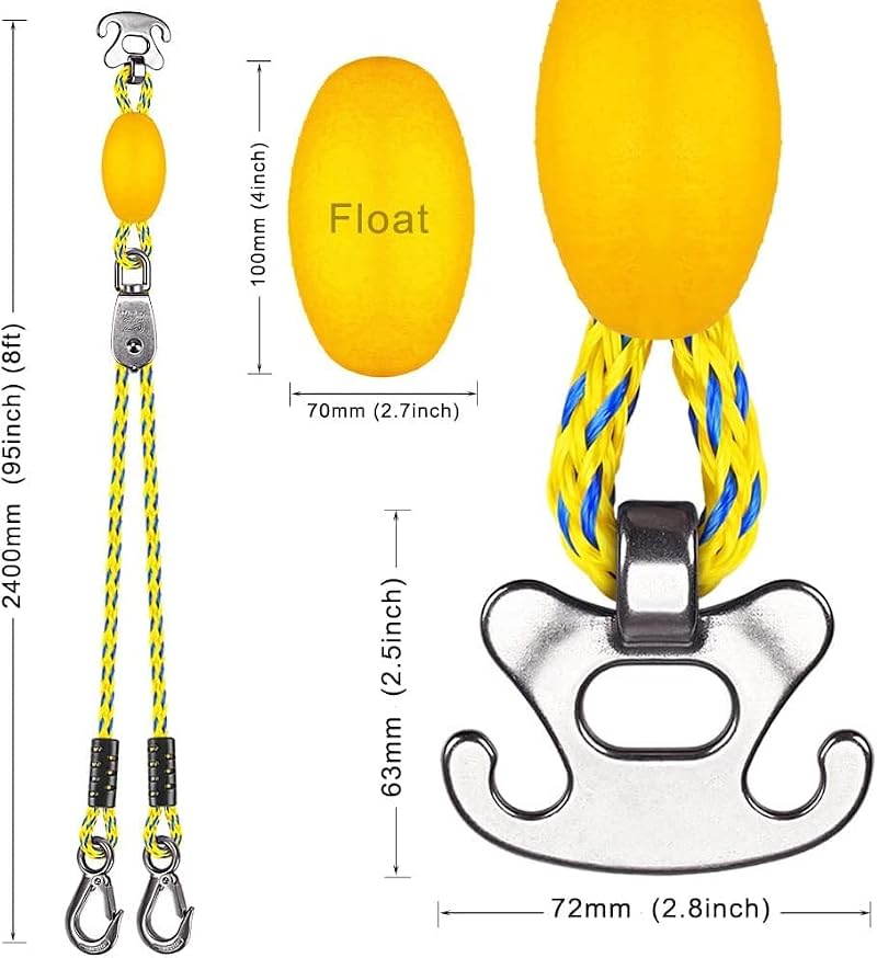 Heavy Duty Boat Tow Harness for Tubing - Yellow-Blue 8ft