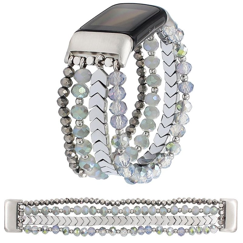 WONMILLE Beaded Bracelet Compatible with Fitbit Charge 6 Bands/Fitbit Charge 5 Bands Women, Elastic Stretch Bracelets Jewelry Strap Replacement for Charge 6/Charge 5 Fitness Tracker (Blue/Silver,S)