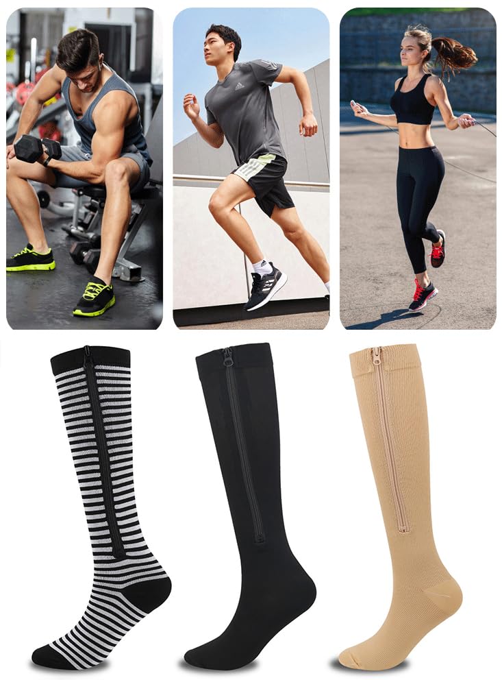 Compression Socks with Zipper - 15-20mmHg Closed Toe - Black, Large