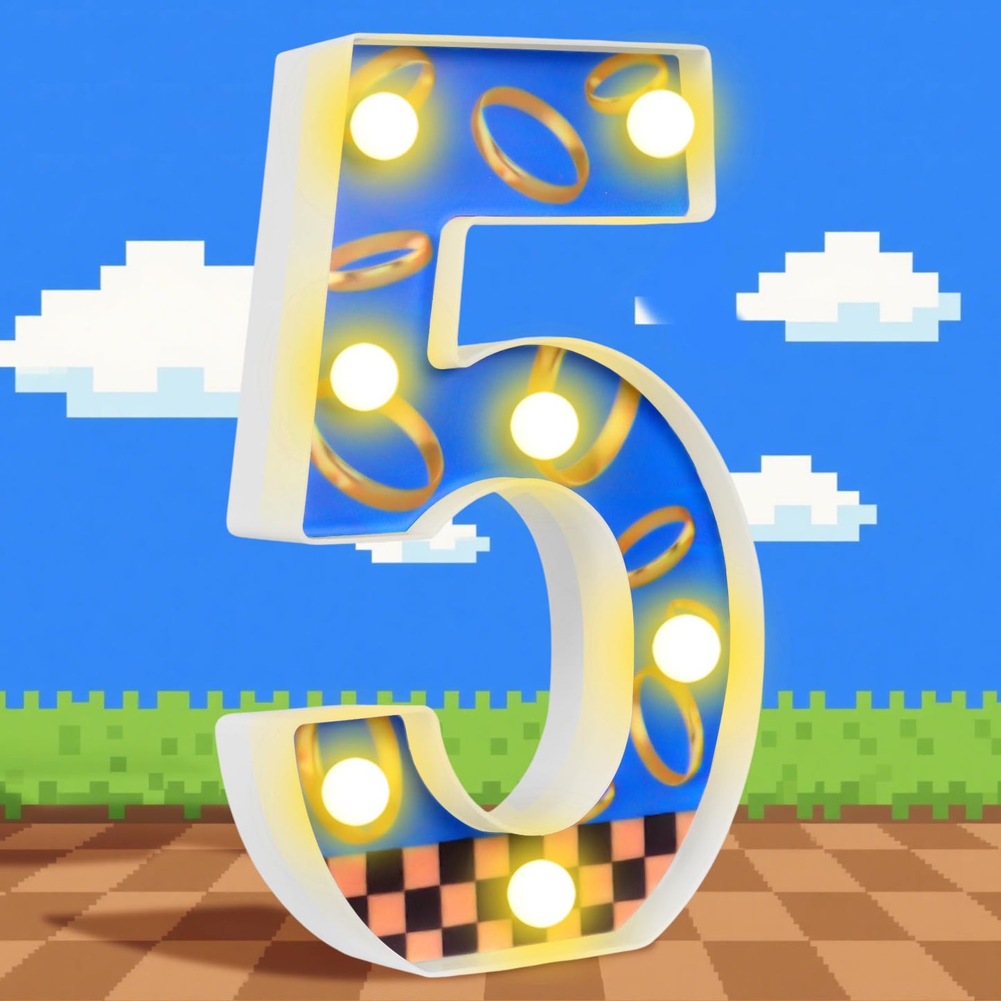 WalkManony LED Numbers Night Light(5)– Light Up Number Sign for Kids Birthday Party,Marquee Numbers with Warm White Glow,Battery Operated Blue & Gold Digits for Sonic Theme,8.66 x 5.91 in