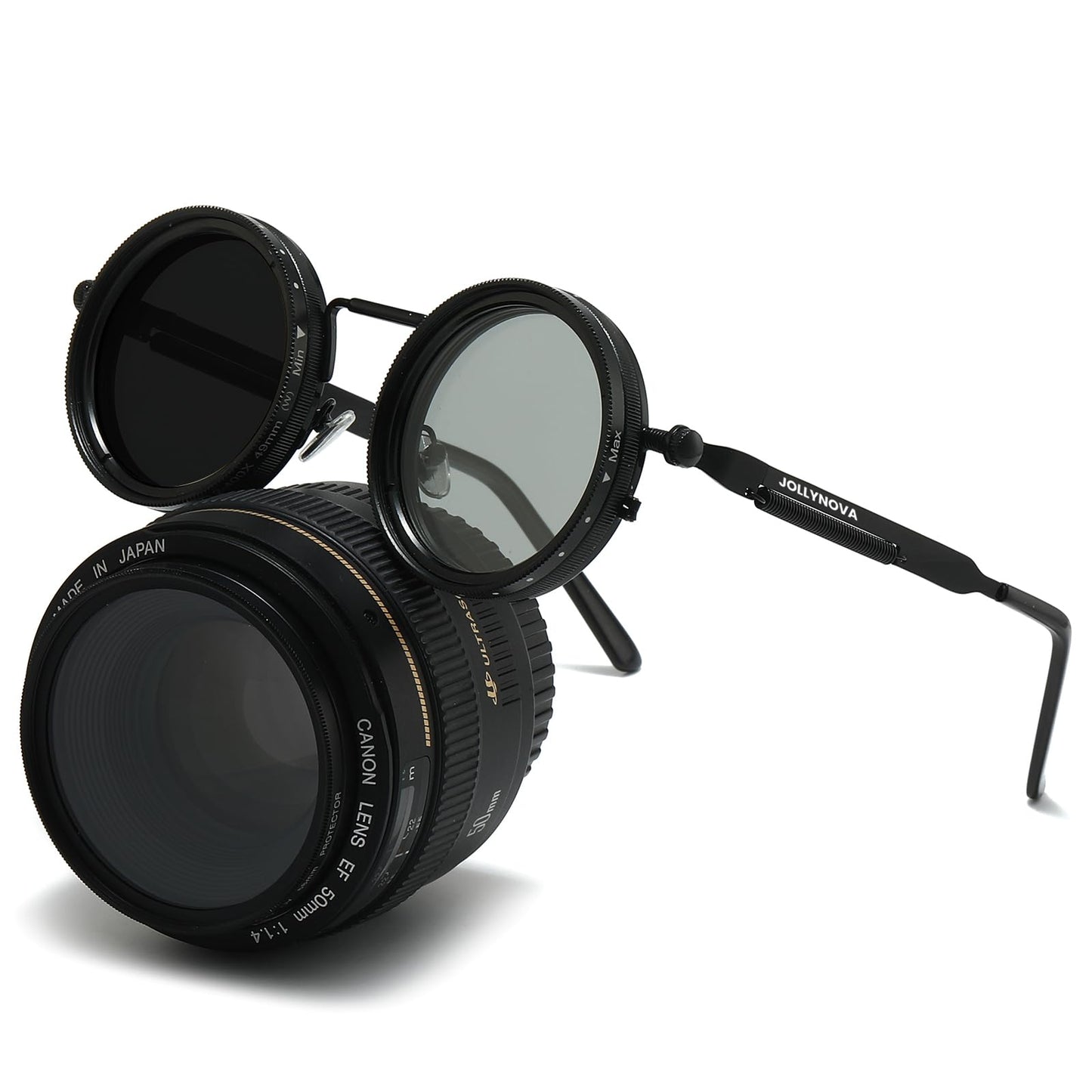 JOLLYNOVA Adjustable Tint Sunglasses, 1-9 Gears Steampunk Retro Metal Round Polarized Glasses with ND Filter Lenses (Black)