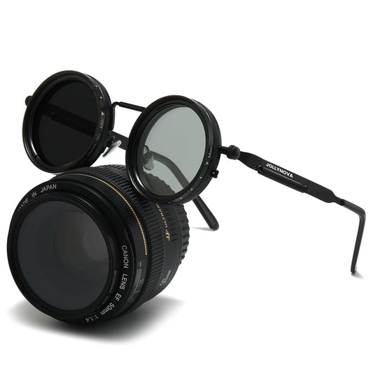 JOLLYNOVA Adjustable Tint Sunglasses, 1-9 Gears Steampunk Retro Metal Round Polarized Glasses with ND Filter Lenses (Black)