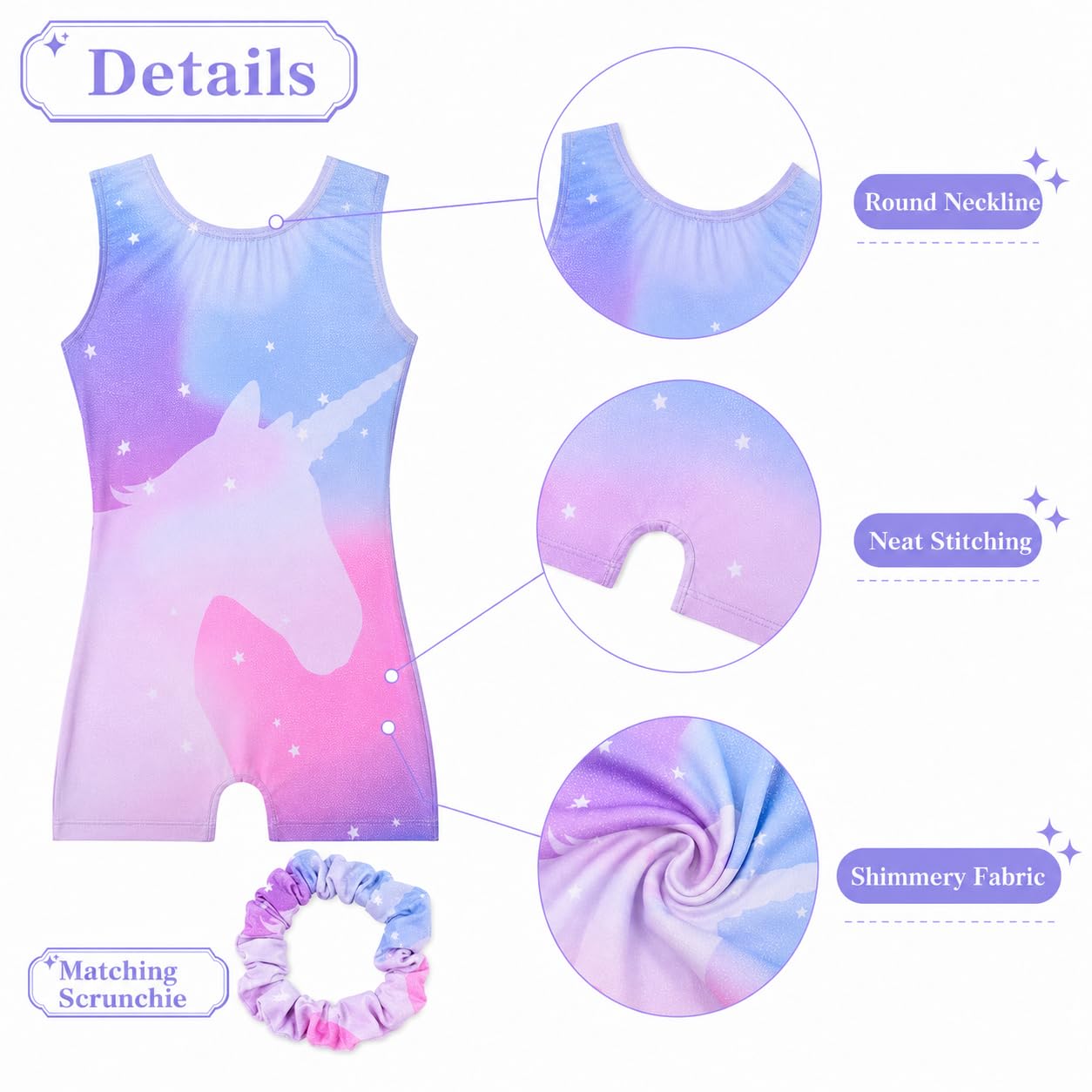 Tstiti Gymnastics Leotards For Girls with Hair Scrunchie Kids Gymnastic Outfit Sparkle Dance Unitards Biketards Pink & Purple Unicorn 6-7 Years