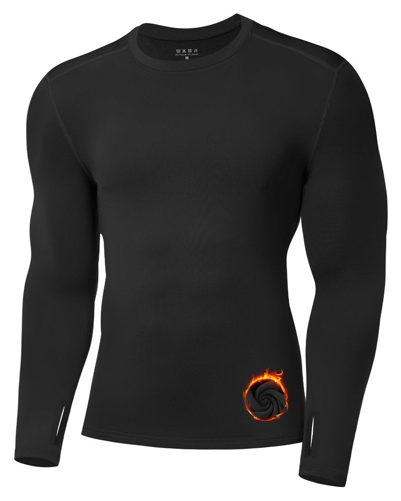 Moozava Men Thermal Compression Shirt Fleece Lined Long Sleeve Athletic Base Layer Cold Weather Gear Running Workout Top Black L