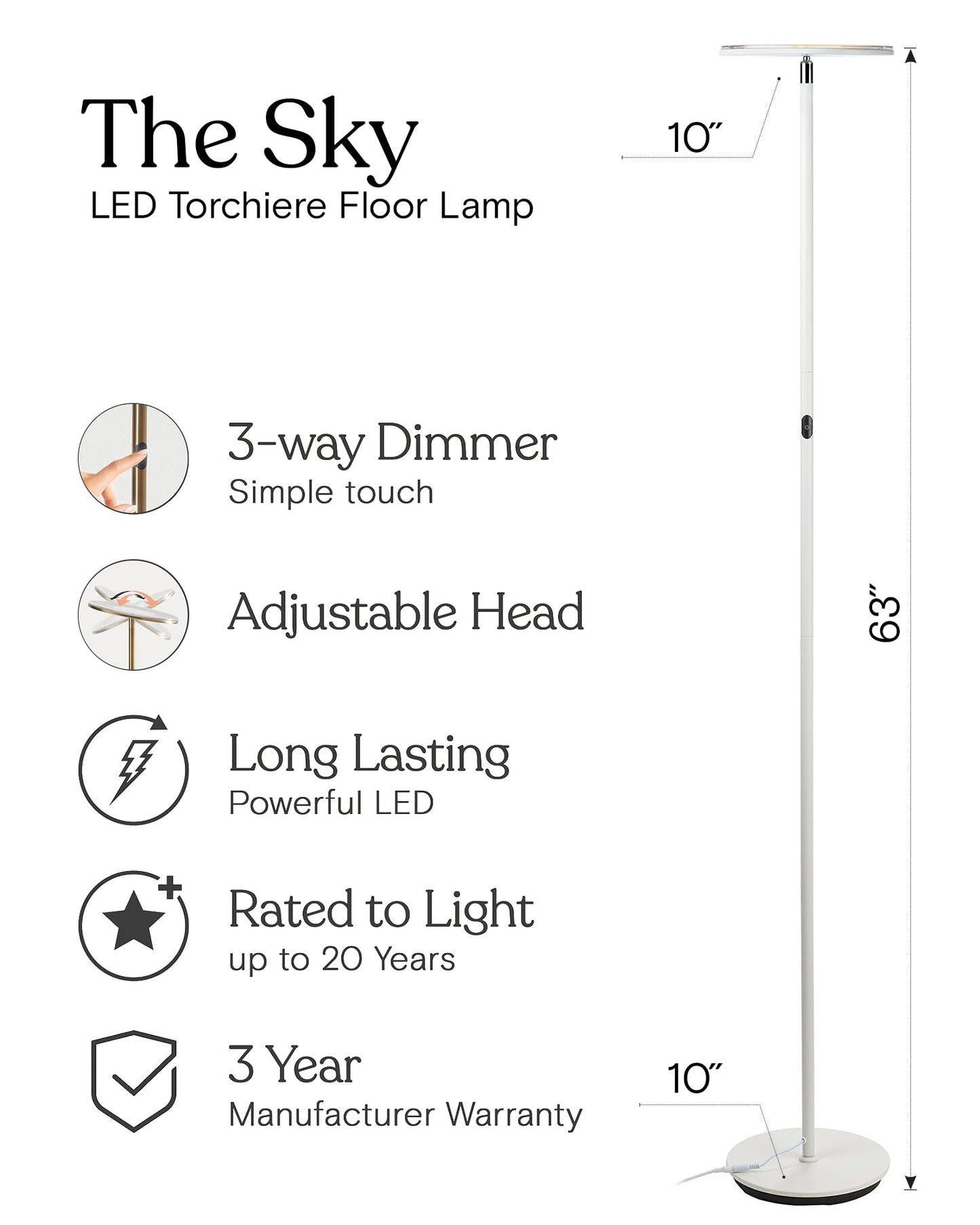Brightech Sky LED Torchiere Super Bright Floor Lamp - Contemporary, High Lumen Light for Living Rooms and Offices - Dimmable, Indoor Pole Uplight for Bedroom Reading - White