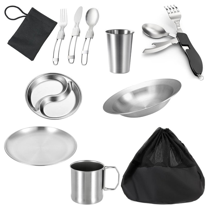 Mess Kit for Camping 1 Person, Reusable Camping Dish Set, Stainless Steel Camping Plates, Camping Dish Set with Mesh Bag Easy to Carry or Put in Backpack