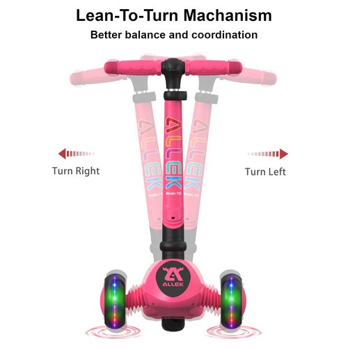 Allek Kick Scooter Foldable F02, 3-Wheel LED Flashing Glider and 4 Adjustable Height with Anti-Slip Thick Deck Push Scooter for Children 3-12yrs (Pink)