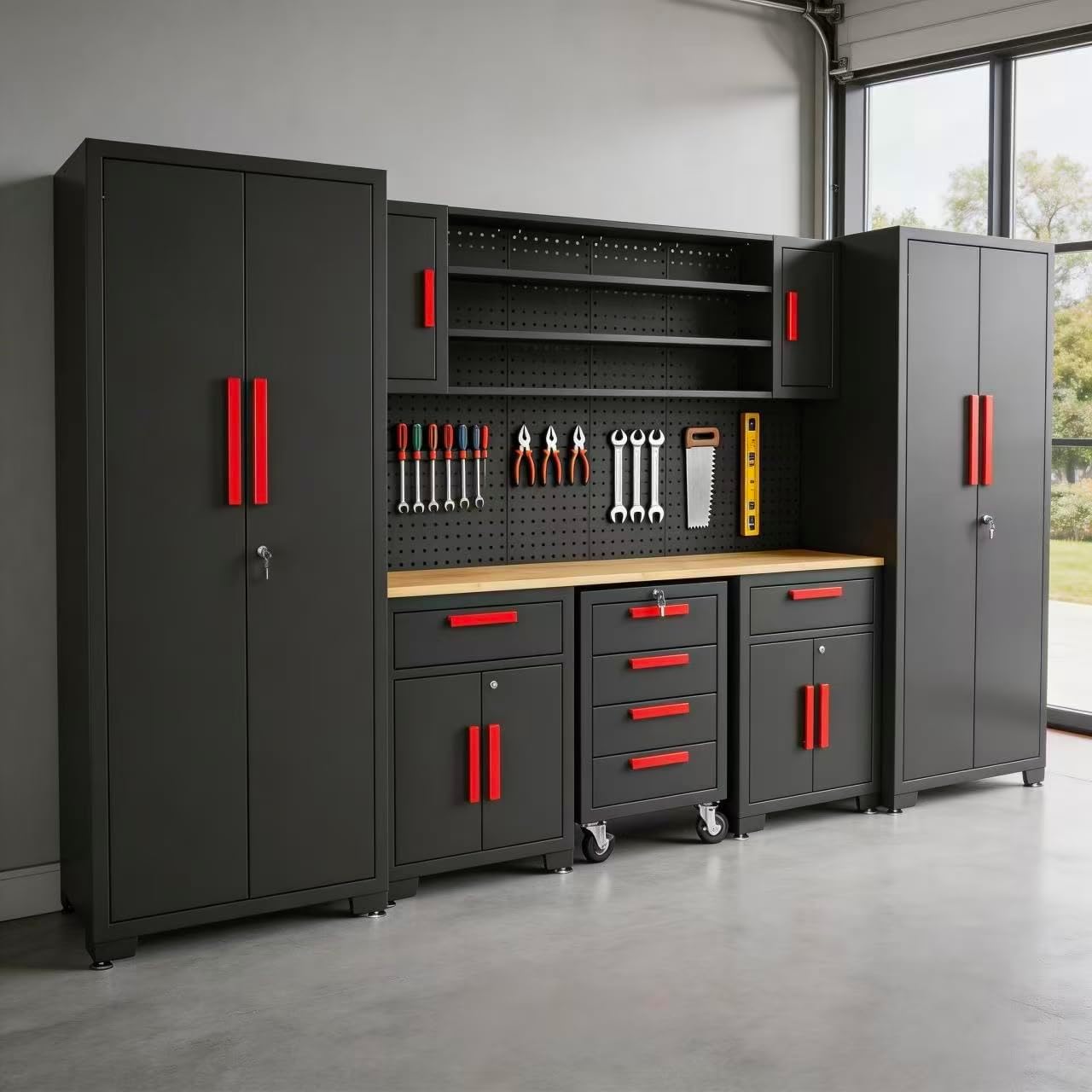 Torin Garage Storage Cabinets - 8-Piece Workshop Cabinet Set in Black with Steel Drawers & Pegboard