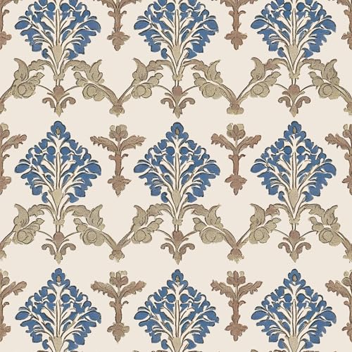 Vintage Floral Peel and Stick Wallpaper, 17.7¡¯¡¯ X 118¡¯¡¯ Brown Wallpaper, Brown/Blue Contact Paper Beige Self Adhesive Paper Vinyl Contact Paper for Home Decor Wall Murals Cabinets and Countertop