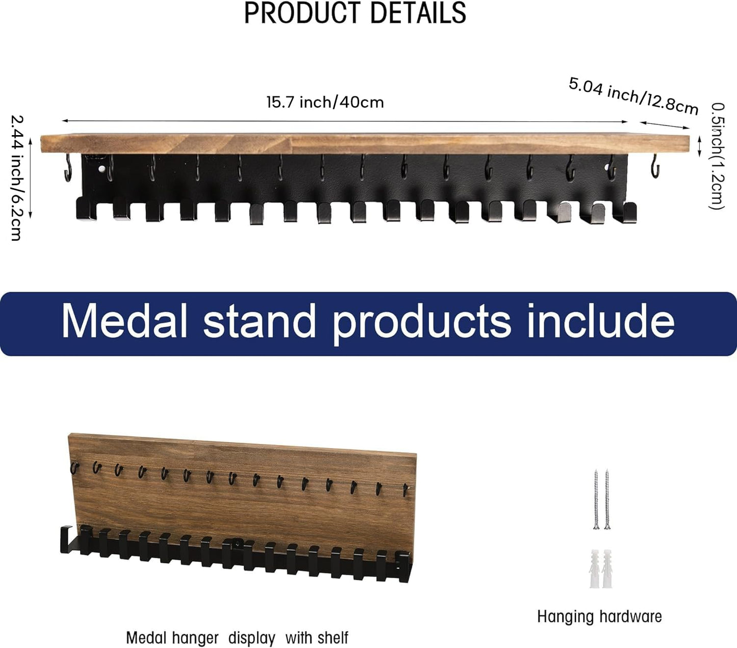 Defined Deco Medal Hanger Display and Trophy Shelf with 32 Hooks-Wooden Medal Holder for Wall Mount Ribbon Display,Soccer, Running Race Medals Awards Rack.