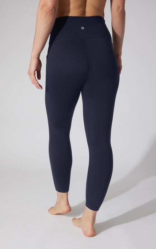90 Degree By Reflex Womens High Waist Elastic Free Ankle Length Wonderlink Leggings with Side Pockets | Deep Abyss | Medium