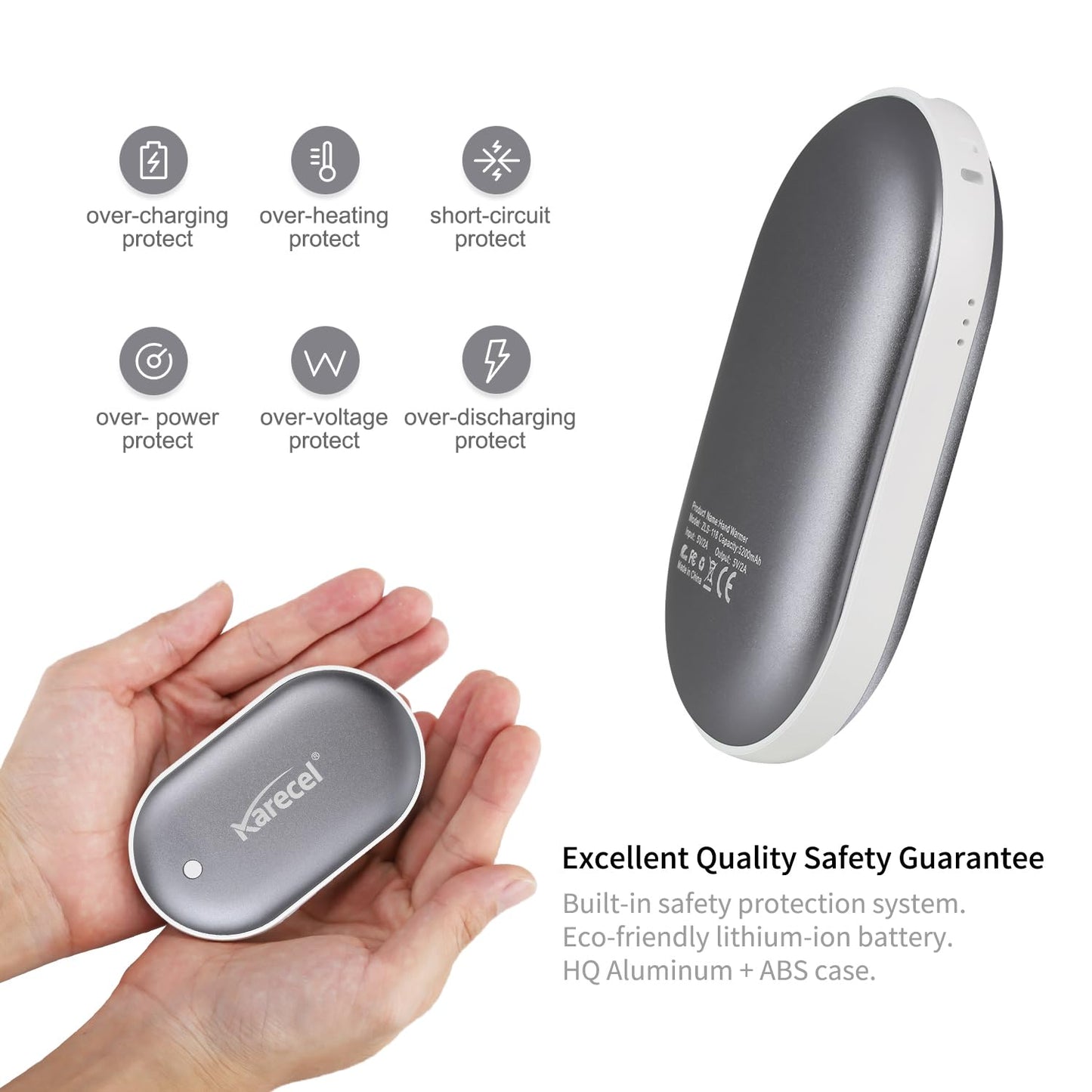 Karecel Rechargeable Hand Warmers 2 Pack, 10,400mAh Double Sided Heat Electric Hand Warmers, Portable Pocket Heated Camping Handwarmers, 4-inch Full-Surface Heat & Quick Charge, Men Tech Gifts