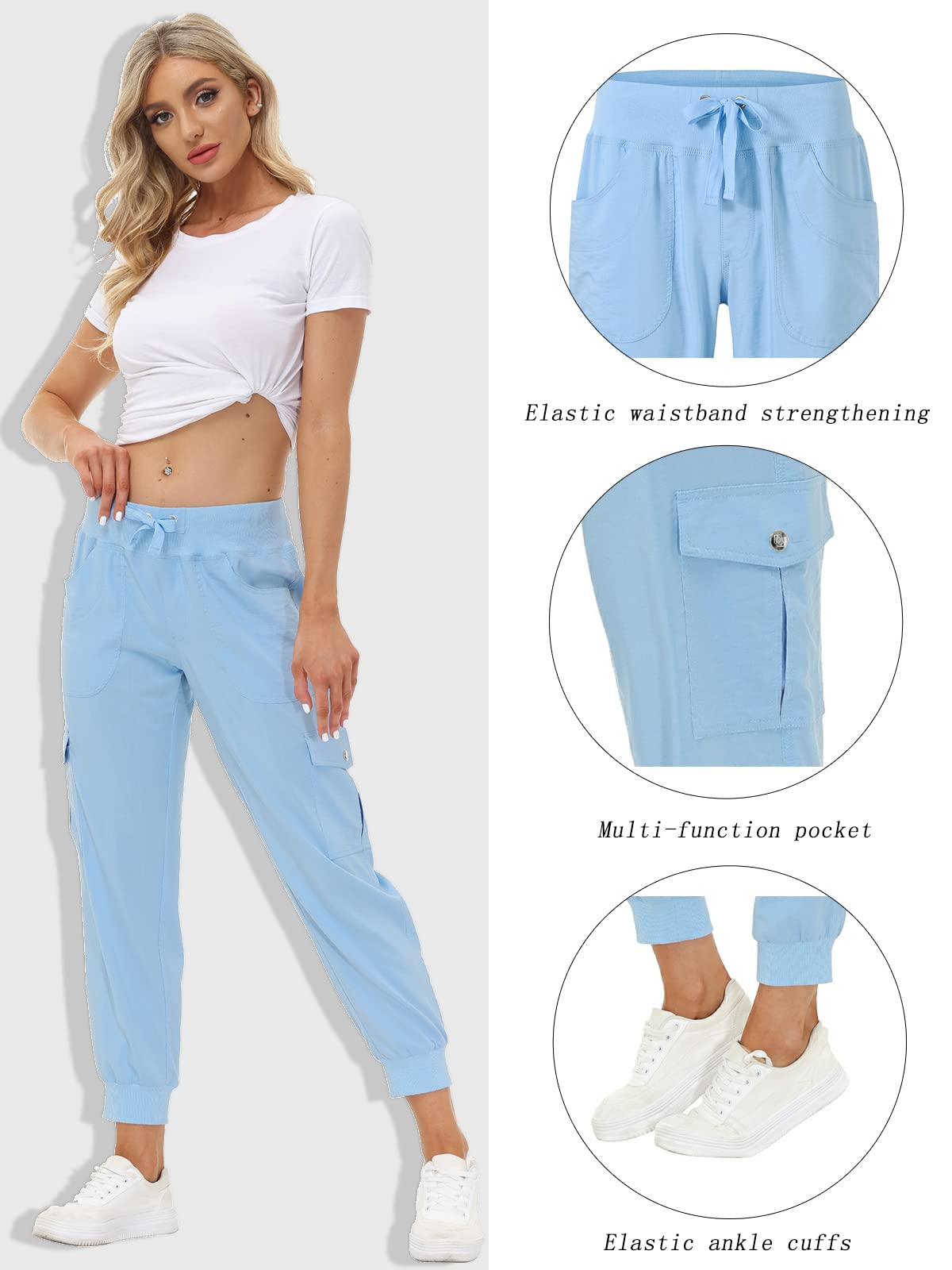 MoFiz Summer Cargo Pants for Womens Quick Dry Outdoor Casual Travel Lounge Hiking Pant Running Joggers Sweatpants with Pockets Wathet L