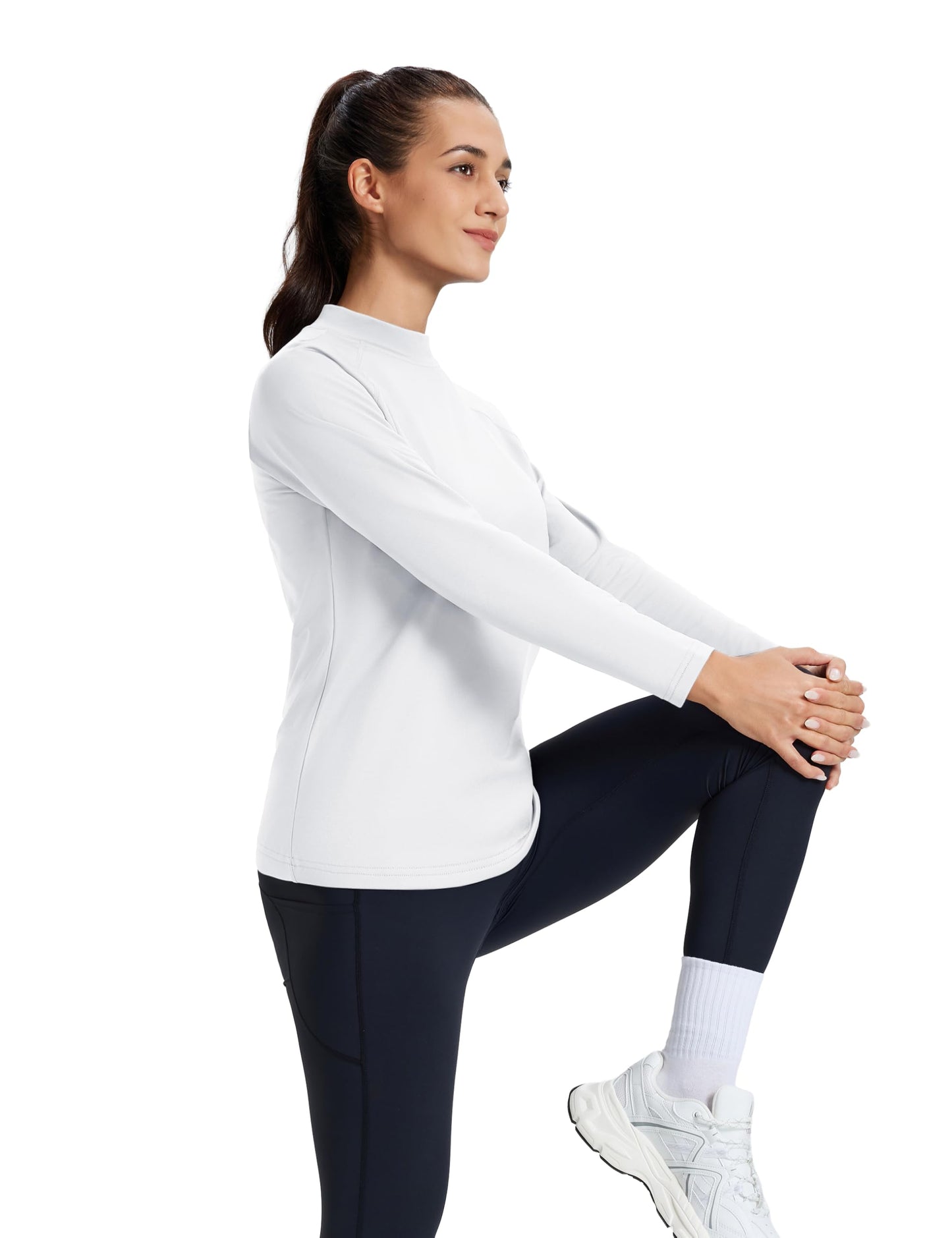 TACVASEN Mock Neck Tops for Women Fleece Lined Thermal Shirt Long Sleeve Workout Running Base Layer Casual Cold Weather Gear White,M