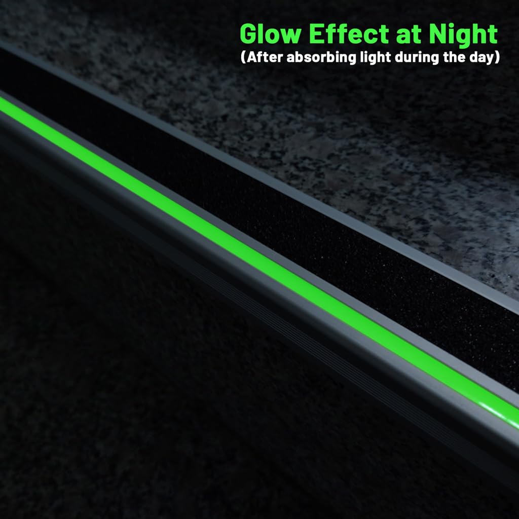 ZALNVEY 3 Pack 48 in L Shaped Stair Nosing with Green Glow Strip, Outdoor Aluminum Stair Edge Protector, Long Stair Edging Stair Trim, Anti Slip Traction Steps Treads Plate Help Elderly, Kids Walk