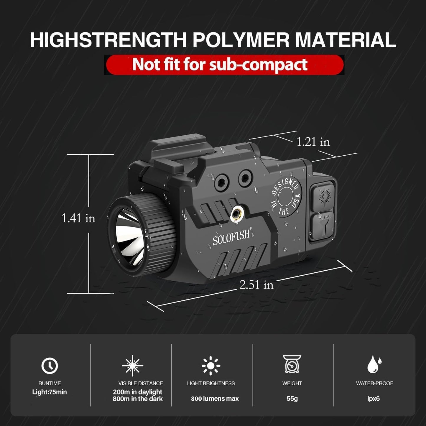 Solofish 800LM Adjustable Pistol Light - Shockproof Blue Laser Sight & Strobe Function | Rechargeable
