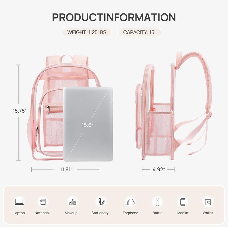 Telena Clear Backpack with Multi-pockets, Heavy Duty TPU Transparent Bag with Reinforced Straps, Large See Through Bookbag for College, Work - Pink
