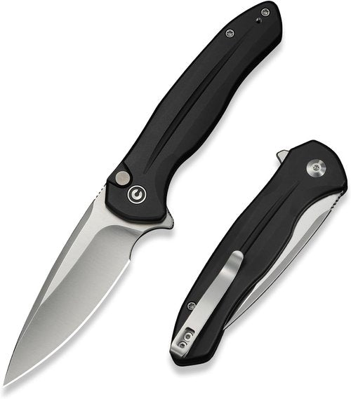 CIVIVI Kitefin EDC Pocket Knife, 3.22“ 14C28N Drop Point Blade Folding Knife, Aluminum Handle with Reversible Clip for Camping Hiking Hunting C24091-1, Black