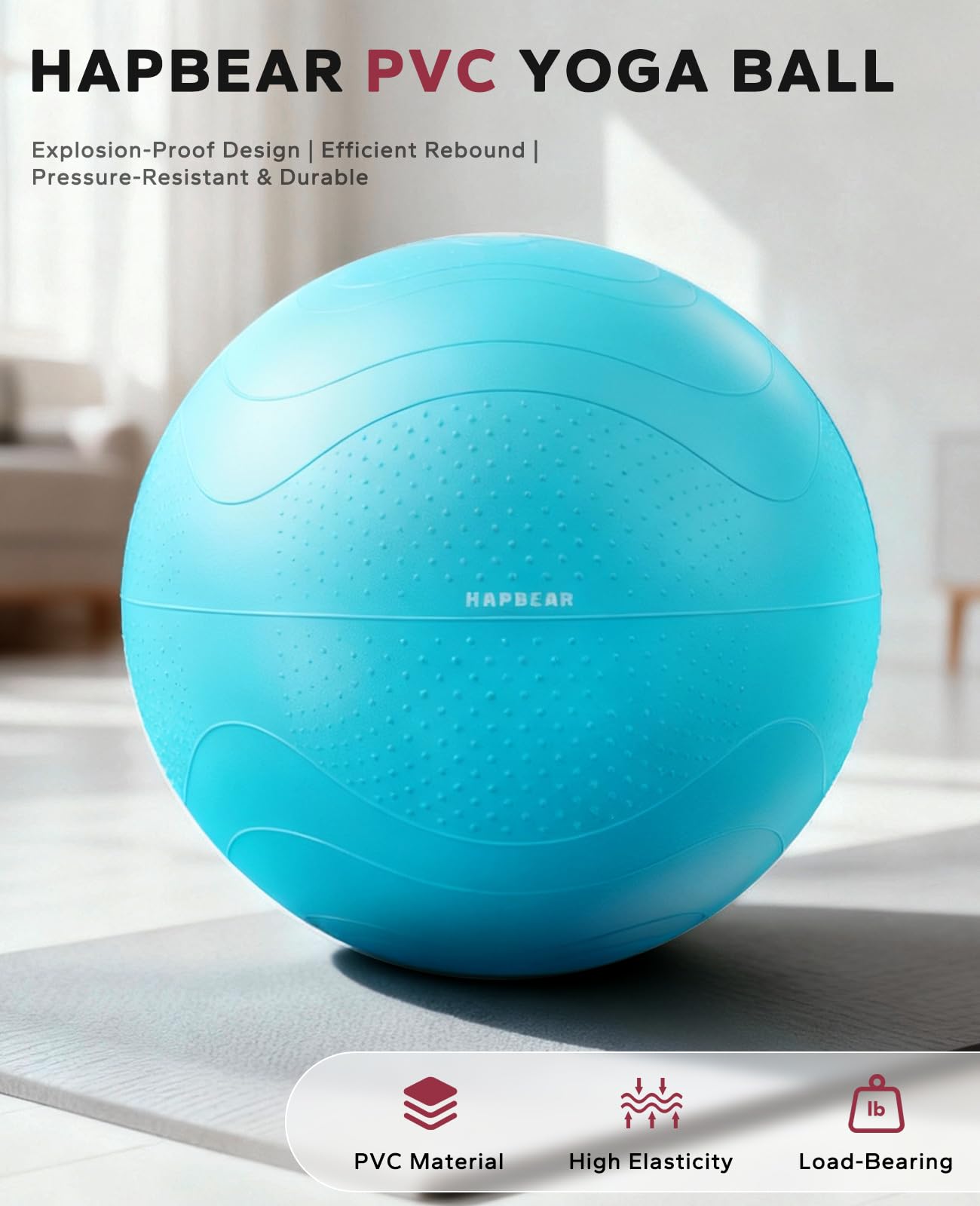 HAPBEAR Exercise Ball - Anti-Burst Slip-Resistant Yoga/Pilates Ball for Core Training & Posture Improvement, Home Gym/Rehab/Pregnancy Ball, Quick Pump & 3 Resistance Bands Included