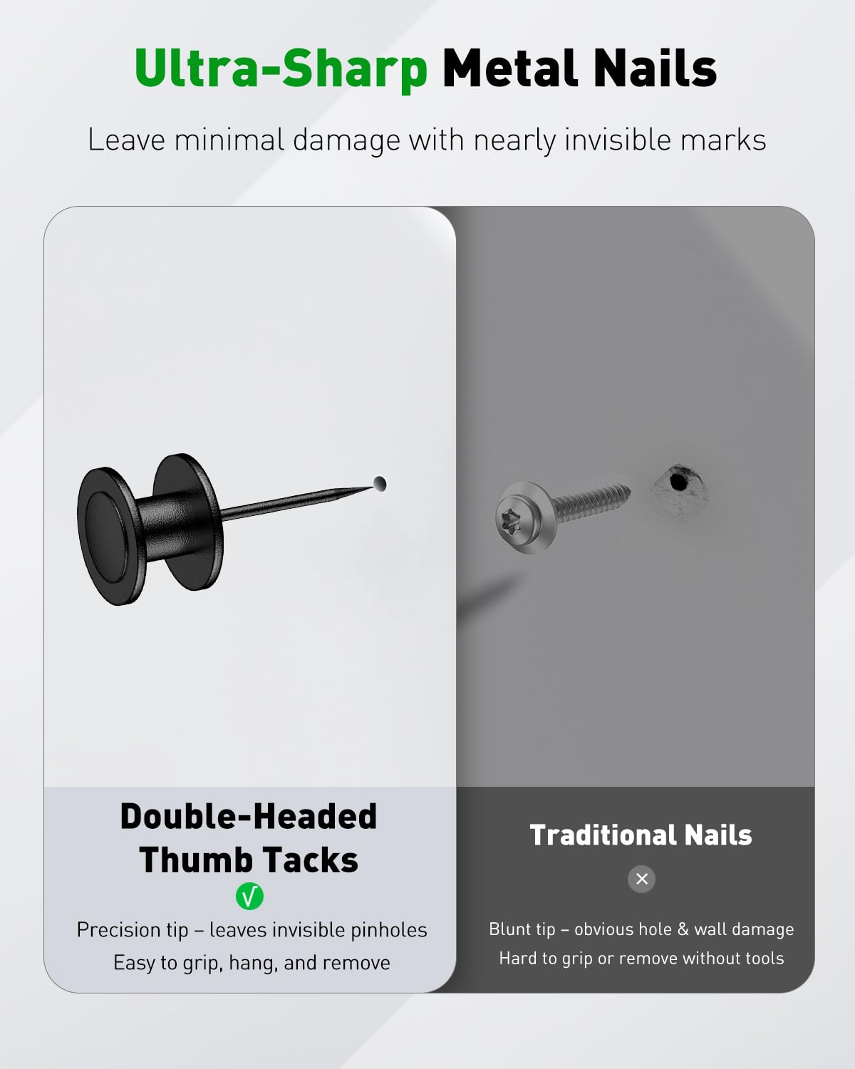 Uniclife 40 Pcs Thumb Tacks, Double Headed Picture Hangers, 4 Size Push Pins for Wall, Picture Hanging Nails, Long Wall Hooks for Pictures Photo Frame Tapestry and Decor, Black