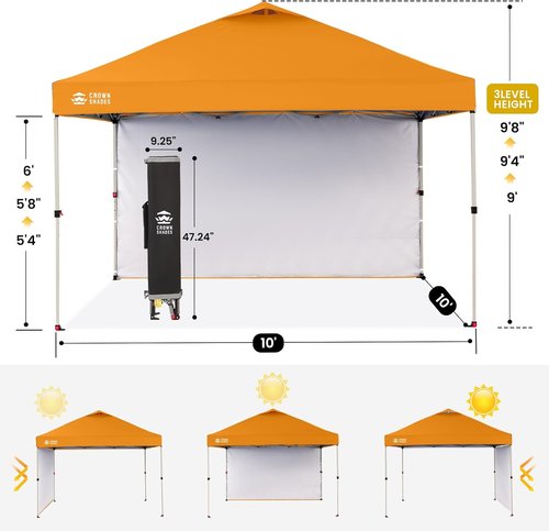CROWN SHADES 10x10 Pop Up Canopy - Easy Setup Beach Tent with Side Wall | Outdoor Sun Shade (Orange)