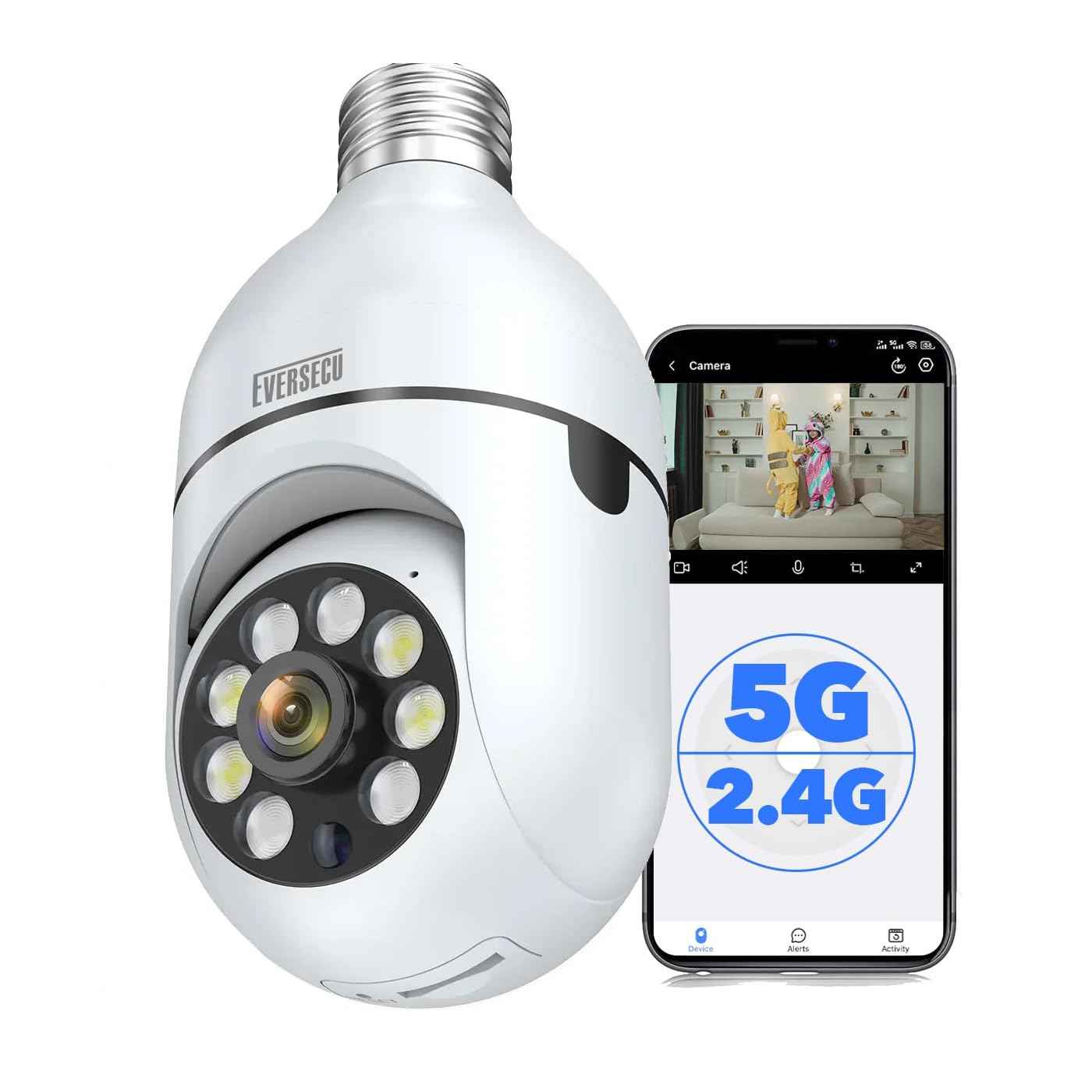 EVERSECU HD 1080P Wireless Light Bulb Security Camera, 2.4g & 5g WiFi, Motion Auto Tracking, 2 Way Audio, Smart Night Vision, Support ONVIF & RTSP, Work with Alexa, SD Card & Cloud Storage, Free App