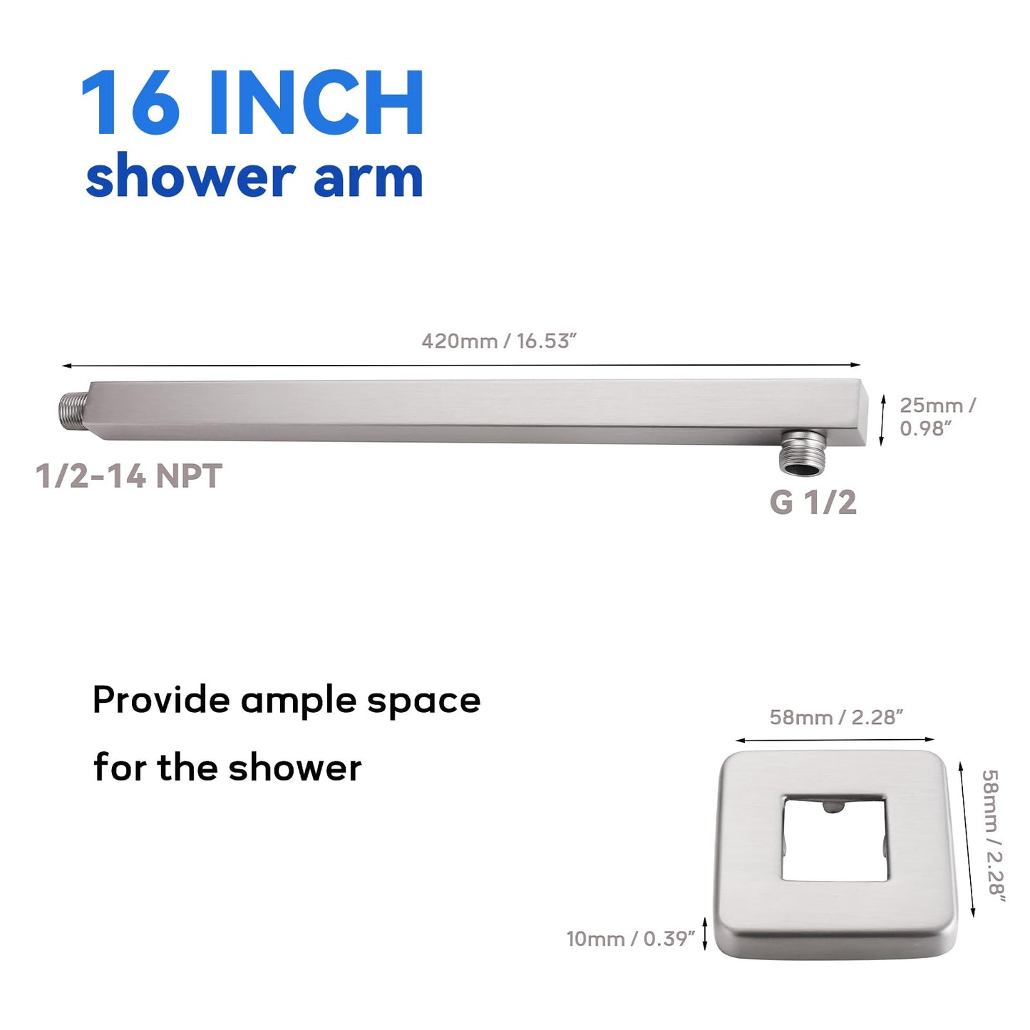 16 Inch Rain Shower Head Extension Arm with Flange, Brushed Nickel, Made of SUS 304 Stainless Steel, Square Shower Arm Wall Mounted, Rainfall Shower Arm for Morden Bathroom
