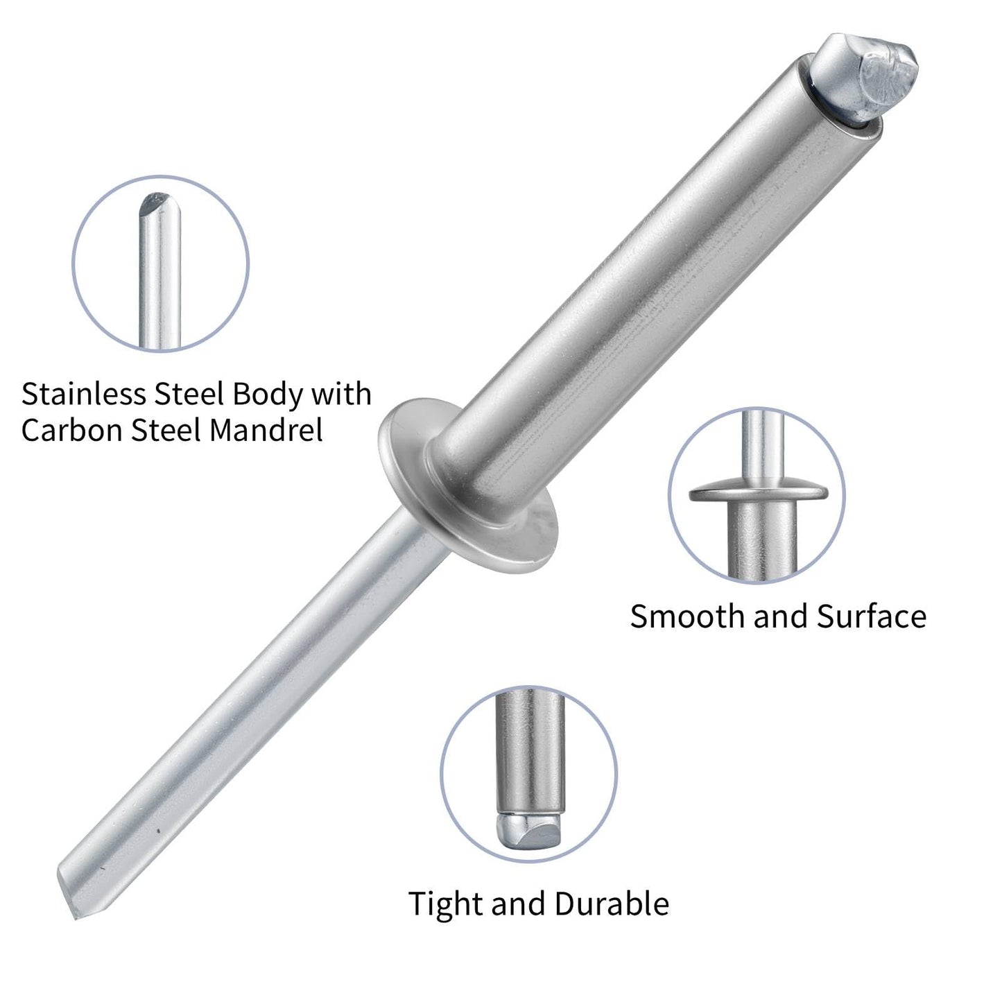 BNUOK 100pcs 3/16" x1/2" Stainless Blind Rivets,Pop Rivets,304 Stainless Steel Grip and Steel Mandrel, 4.8 x 12mm