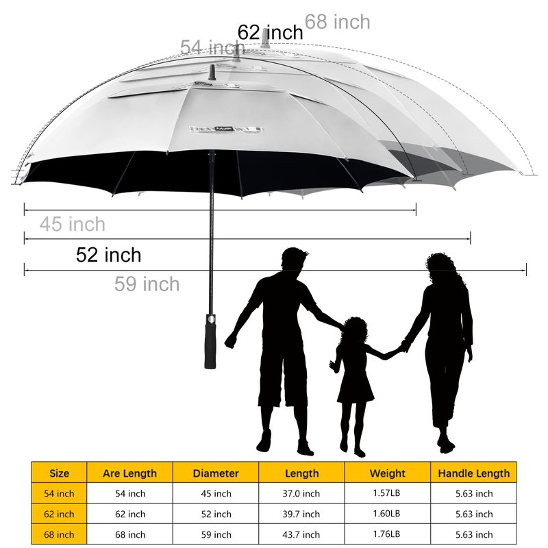 Fulynmen 68/62/54 Inch UPF50+ Sun Umbrella UV Protection UV Umbrellas for Sun Protections Windproof Large Golf Umbrella Auto Open and Vented Double Canopy Umbrellas for Rain (Silver/Black, 62 Inches)