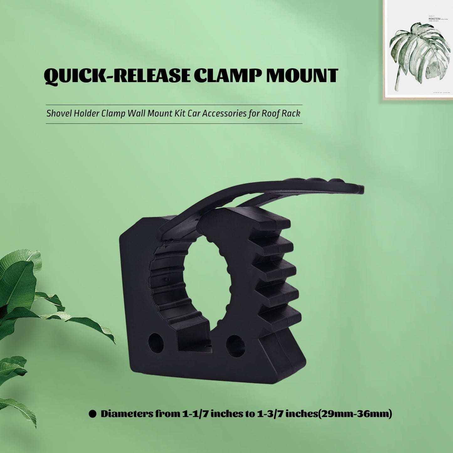Quick-Release Clamp Mount Kit, Shovel Holder, Car Accessories for Roof Rack, 1-1/7" to 1-3/7" Diameter Tools (4Pcs), Black