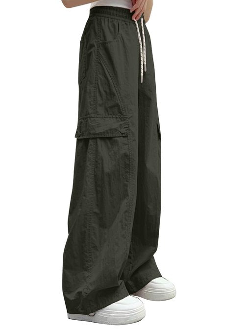 Ecolala Girls Cargo Pants Y2K Baggy Straight Wide Leg Drawstring Jogger Pants with Pocket Army Green 13-14 Years