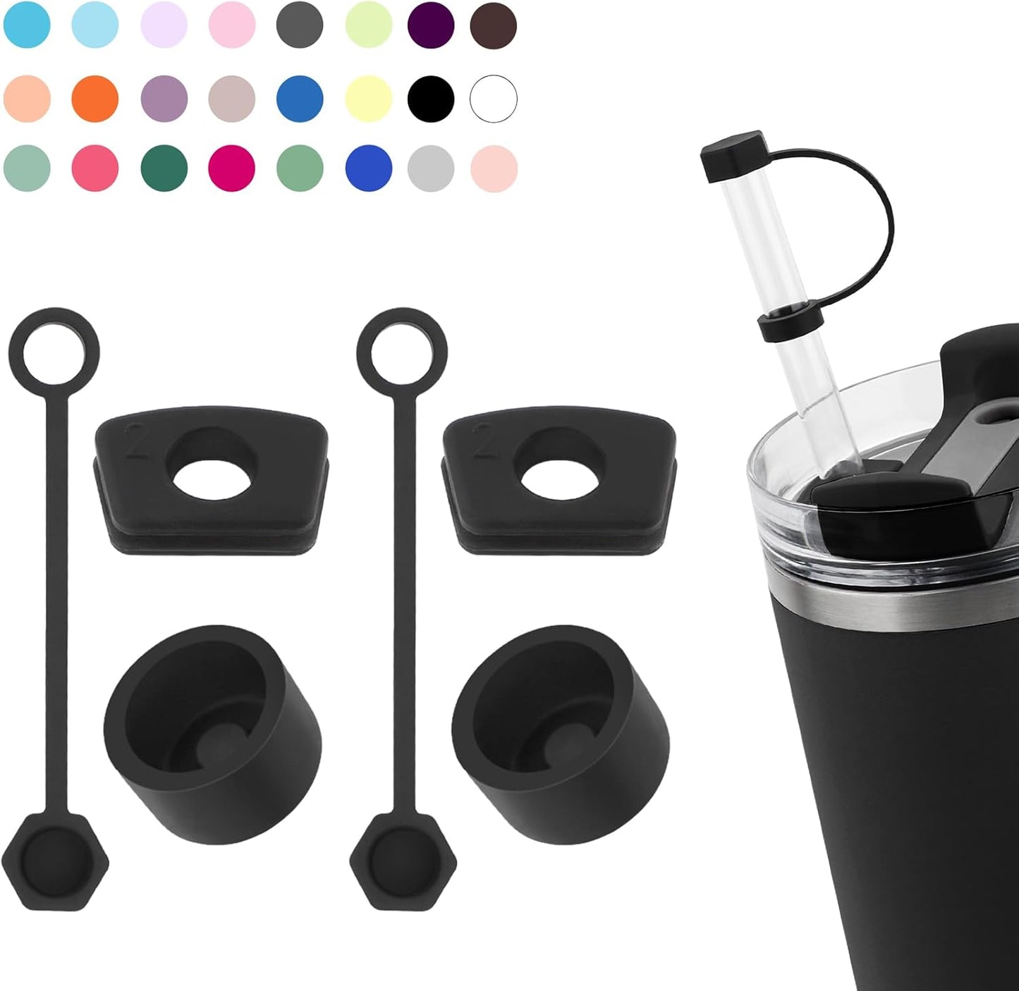 Silicone Spill Stopper Set - Compatible with Stanley Cup 2.0 30oz & 40oz | Includes Straw Cover (Set of 2, Black)