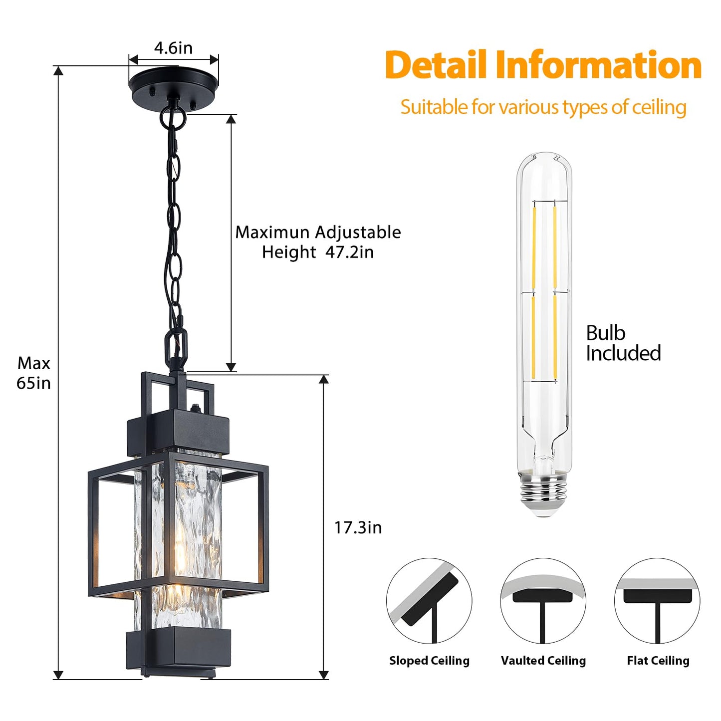 AIBISOD 17" Outdoor Chandelier Pendant Light Fixture for Porch, Modern Black Dusk to Dawn Exterior Hanging Pendant Lantern with Water Glass, Bulb Included, Perfect for Front Porch Door Entrance Foyer