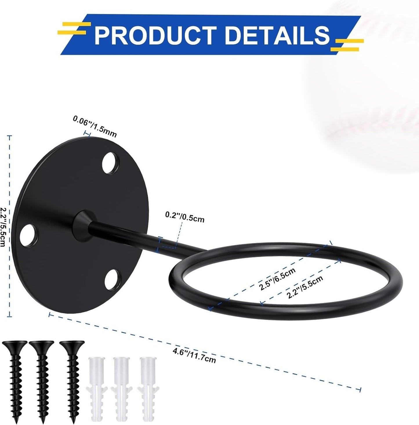Threan Baseball Display Holder - Heavy Duty Metal Softball Wall Mount Rack for Office & Garage (Black)