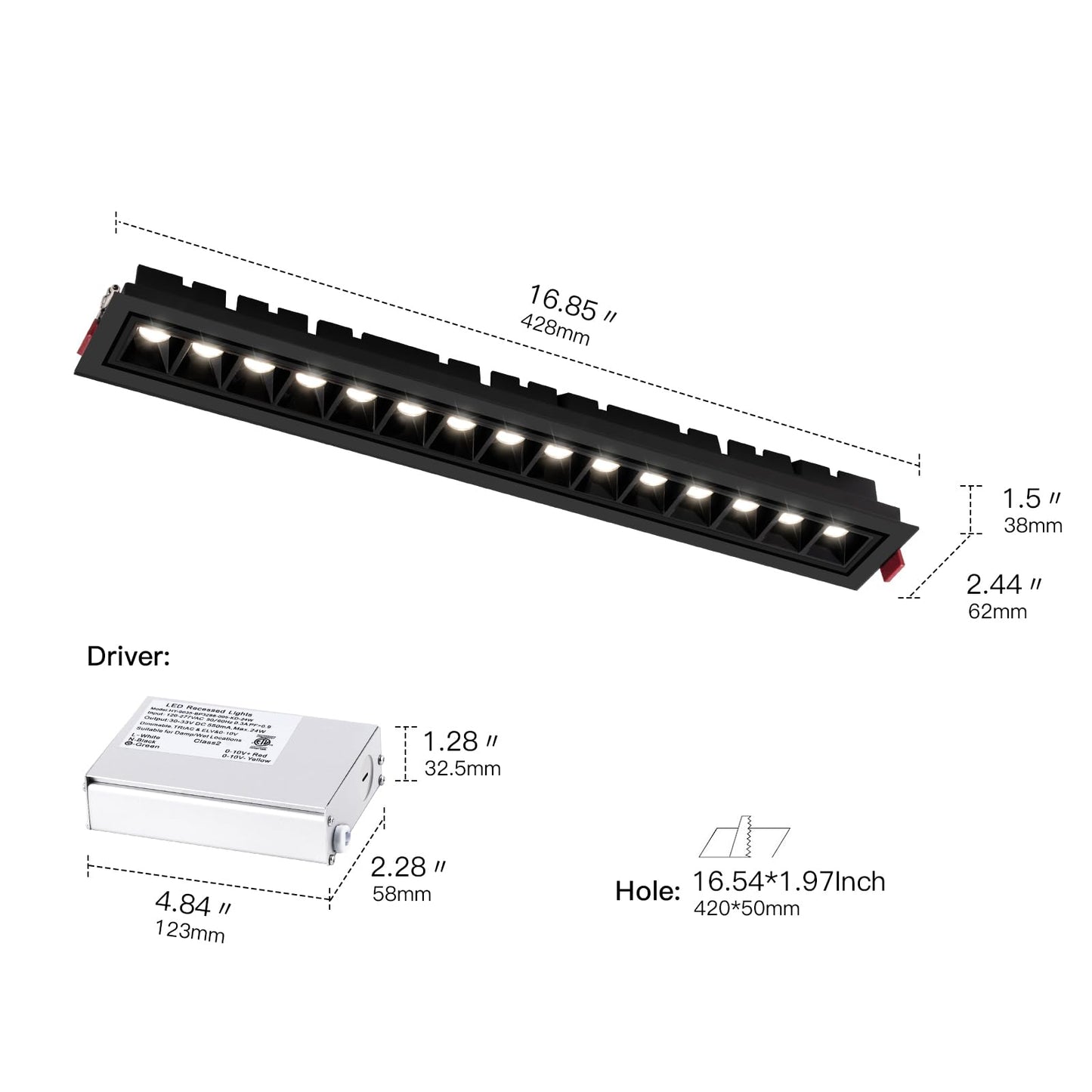 HKKQ 20W Recessed Linear LED Lighting, 3000K 1200LM Spotlightwith Beam Angle Adjustable, Downlight Indoor with TRIAC/ELV/0-10V Dimable ETL Driver in Junction Box (Ra95/36°/Black with Trim)