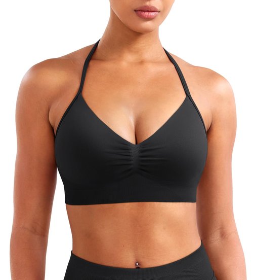 YEOREO SoftHue Women Halter Sports Bra Impact Longline Strappy Bra V Neck Padded Open Back Workout Gym Crop Top Black M